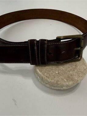 Men's Classic Dark Brown Leather Belt with Brass Buckle